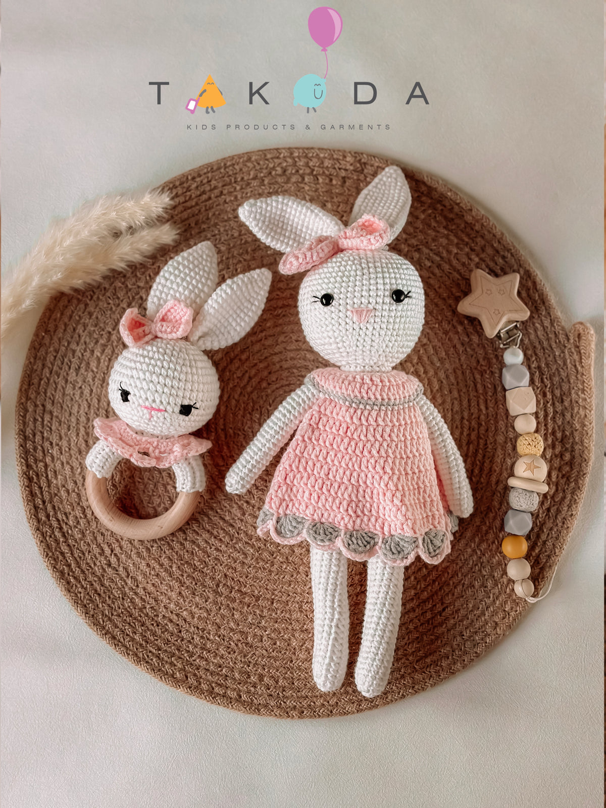 Handmade Pink Bunny Toy & Rattle set