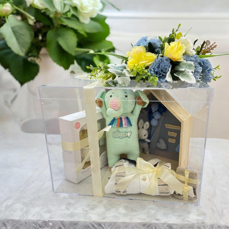 Customized Acrylic box with flowers for baby boy Gift