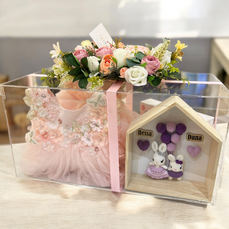 Customized Acrylic box with flowers for baby girl Gift